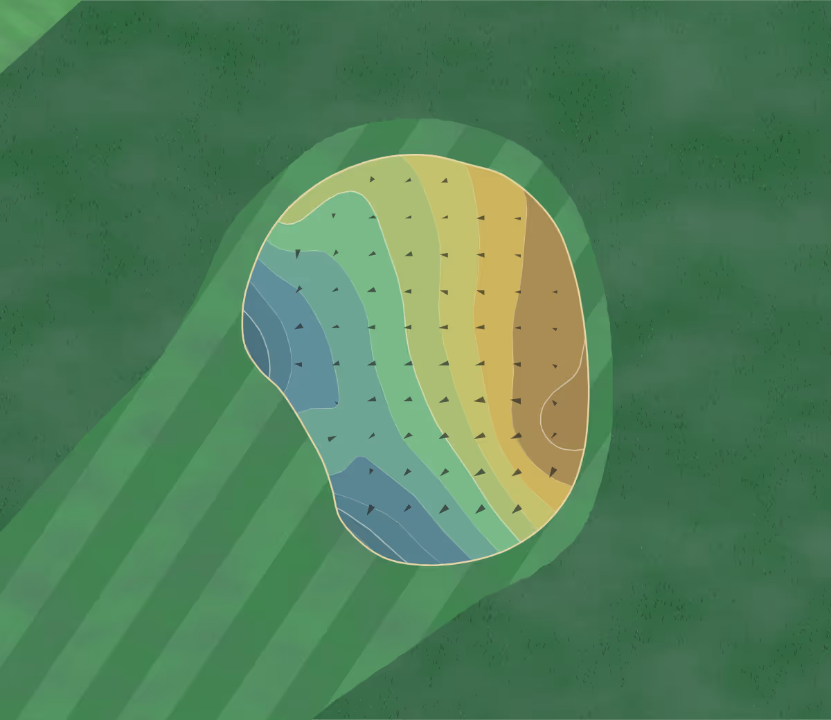 Green contour map of Roosevelt in Los Angeles, California — 57 elevation contours at a 3-inch interval with fall-line arrows, traced from 1-meter lidar