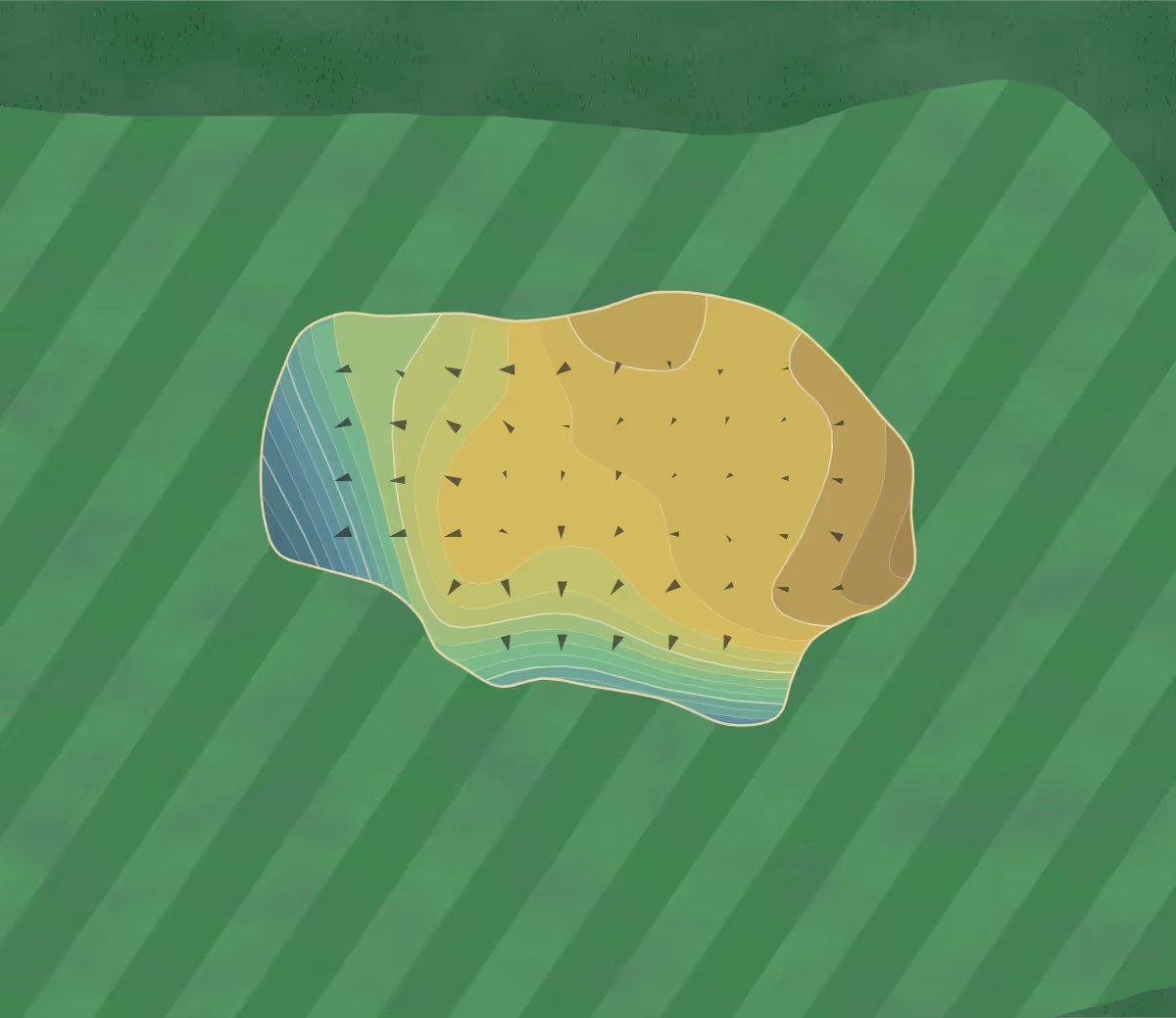 Green contour map of Rose Creek Golf Course in Central Square, New York — 16 elevation contours at a 3-inch interval with fall-line arrows, traced from 1-meter lidar