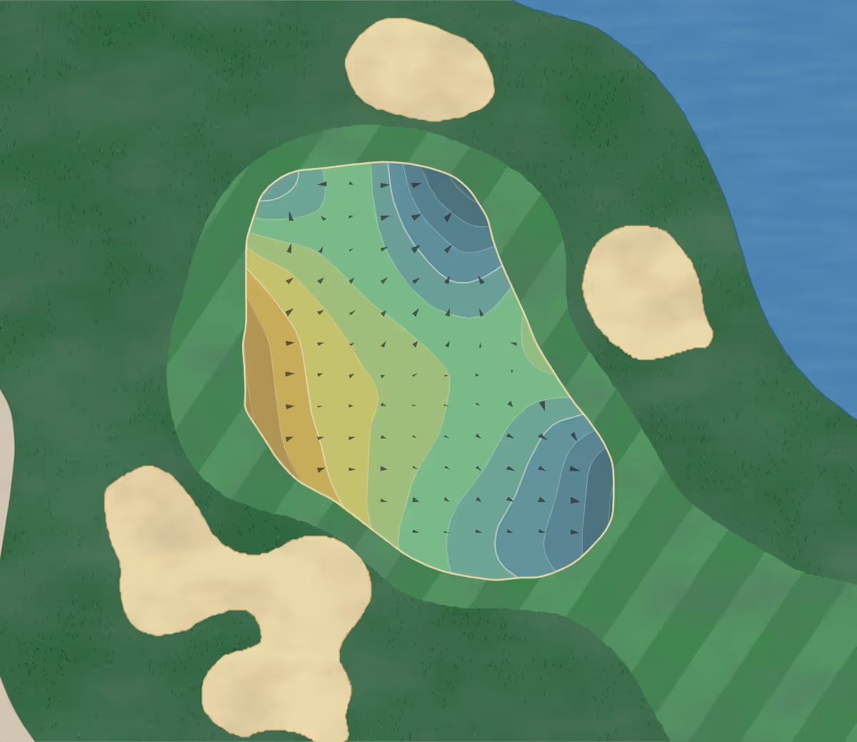 Green contour map of Rose Creek in Fargo, North Dakota — 179 elevation contours at a 3-inch interval with fall-line arrows, traced from 1-meter lidar