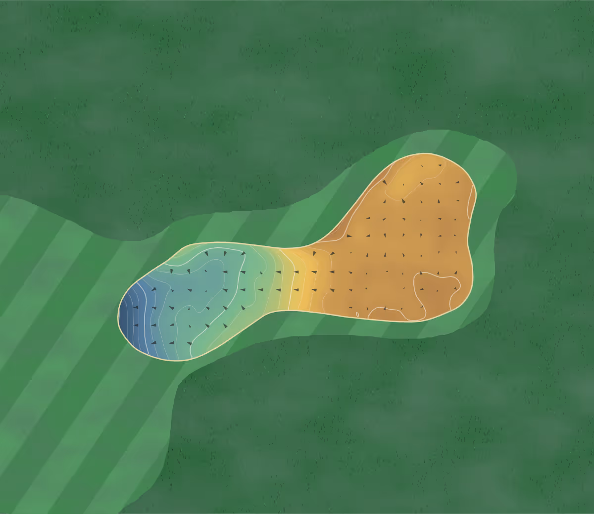 Green contour map of Rosehearty in Fraserburgh, Scotland: 99 elevation contours at a 8-centimeter interval with fall-line arrows, traced from 1-meter lidar