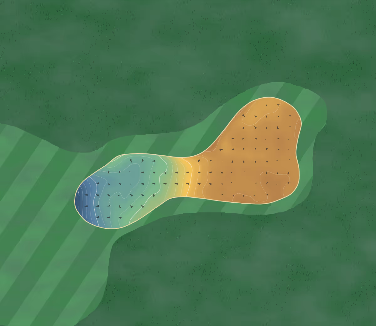 Green contour map of Rosehearty in Fraserburgh, Scotland — 95 elevation contours at a 8-centimeter interval with fall-line arrows, traced from 1-meter lidar