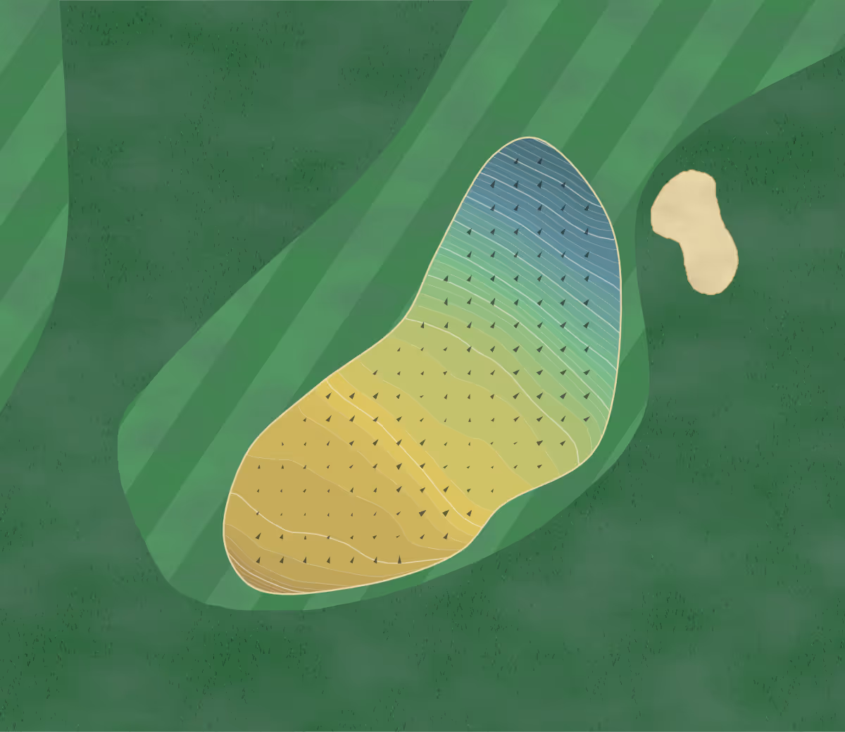 Green contour map of Rosendaelsche Golfclub in SN Arnhem, Netherlands — 215 elevation contours at a 8-centimeter interval with fall-line arrows, traced from 1-meter lidar