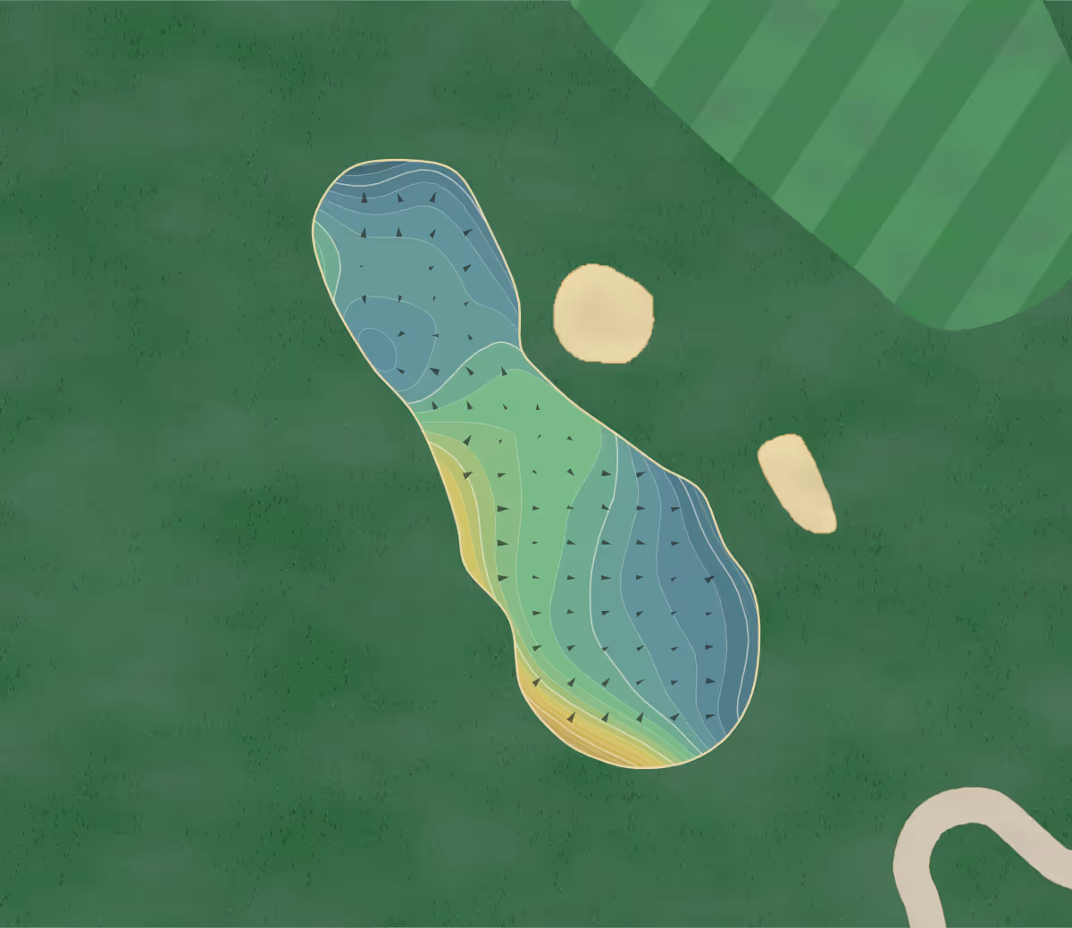 Green contour map of Rosewood GC in Lebanon, Kentucky — 225 elevation contours at a 3-inch interval with fall-line arrows, traced from 1-meter lidar