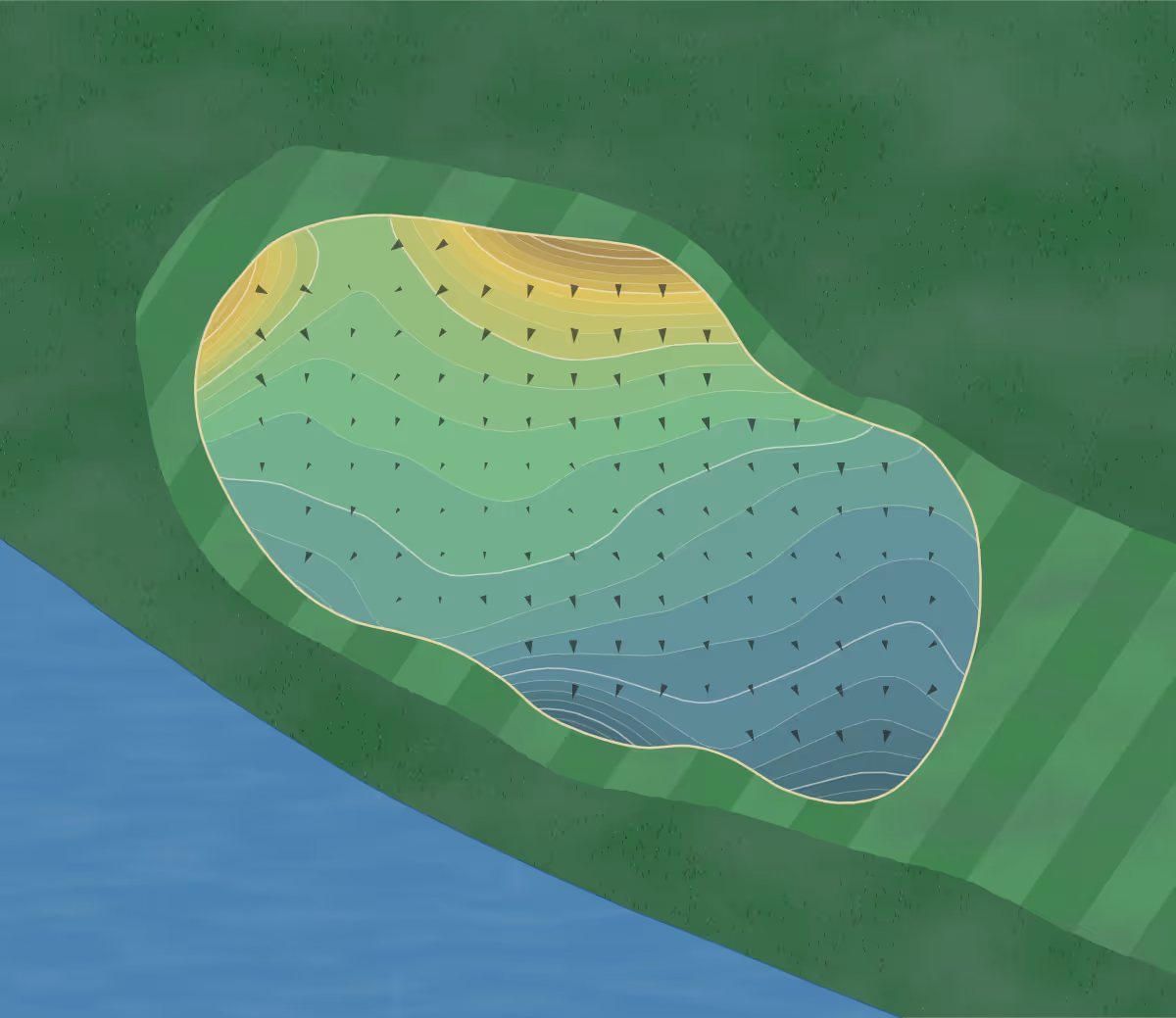 Green contour map of Ross Bridge in Birmingham, Alabama — 405 elevation contours at a 3-inch interval with fall-line arrows, traced from 1-meter lidar
