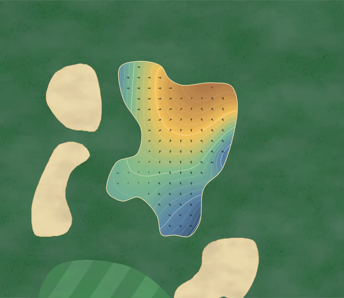 Green contour map of Ross Golf Club in Killarney, Ireland: 72 elevation contours at a 8-centimeter interval with fall-line arrows, traced from 1-meter lidar
