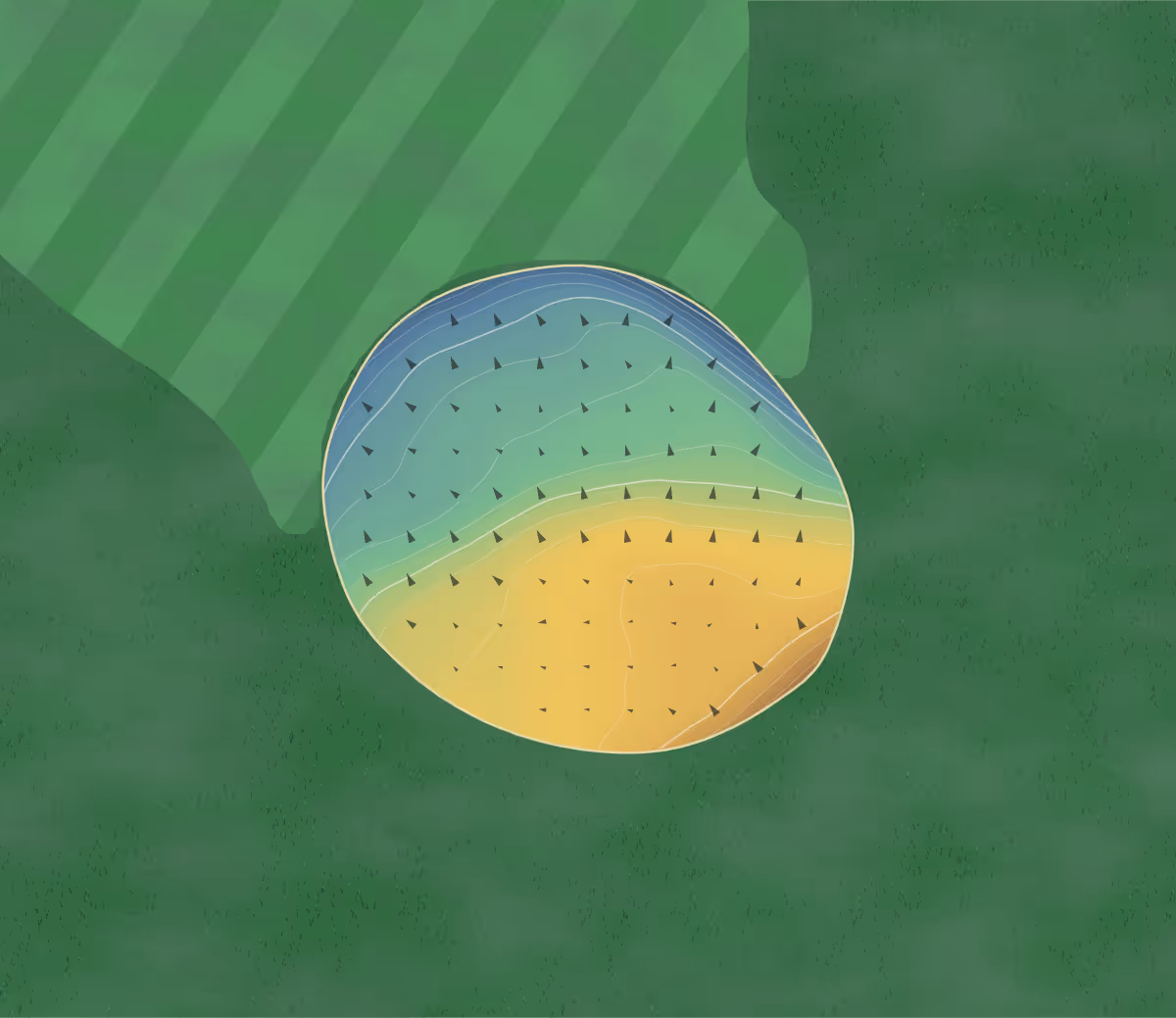 Green contour map of Ross Priory in By Alexandria, Scotland: 49 elevation contours at a 8-centimeter interval with fall-line arrows, traced from 1-meter lidar