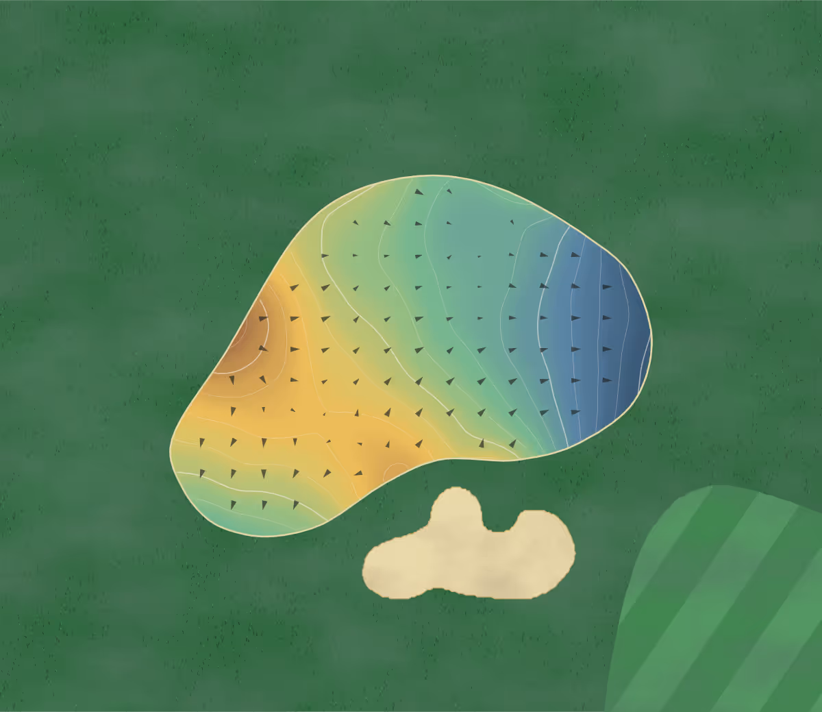 Green contour map of Rossmere in Winnipeg, Canada — 173 elevation contours at a 8-centimeter interval with fall-line arrows, traced from 1-meter lidar