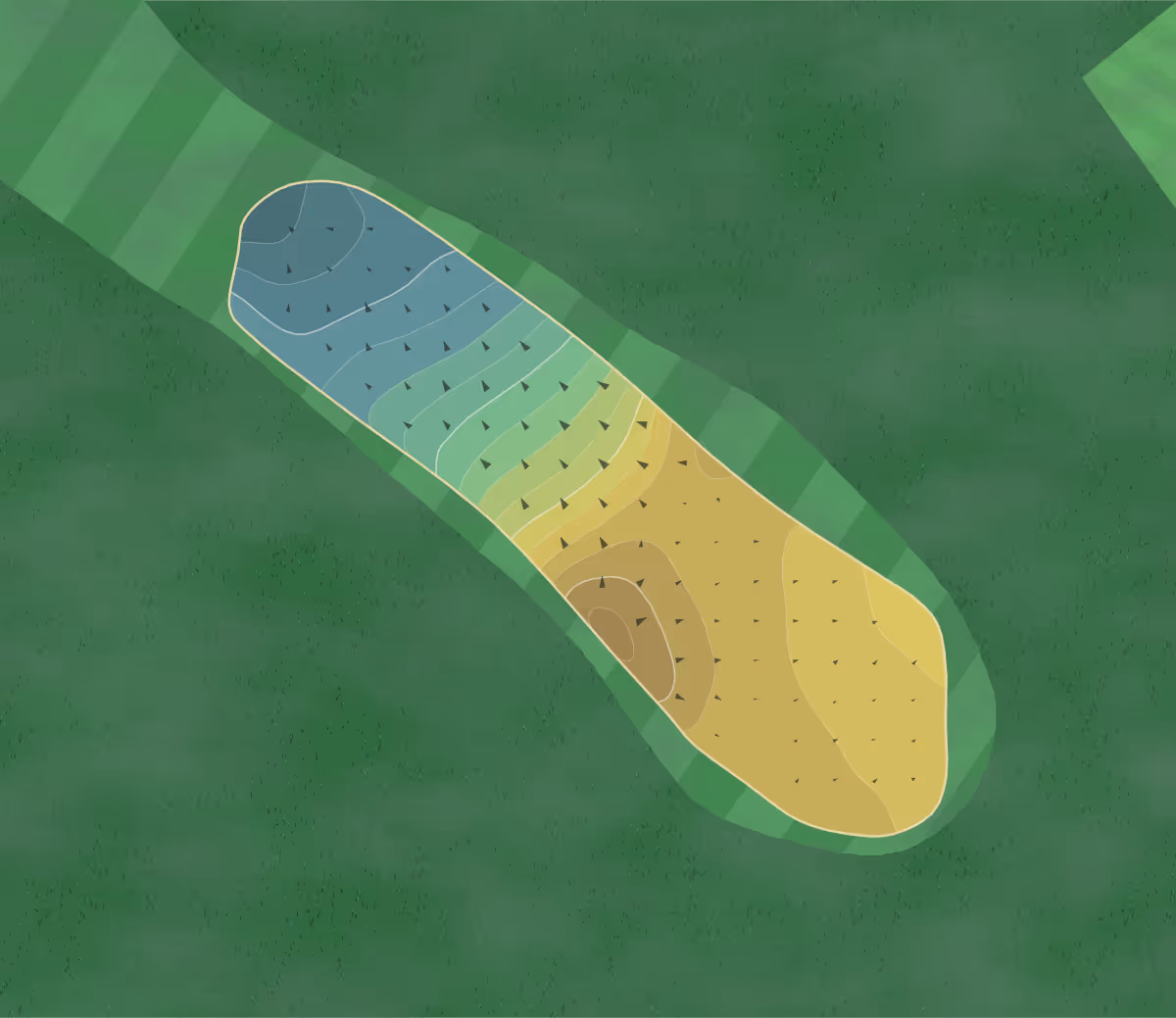 Green contour map of Rossmoor GC Creekside in Walnut Creek, California — 90 elevation contours at a 3-inch interval with fall-line arrows, traced from 1-meter lidar