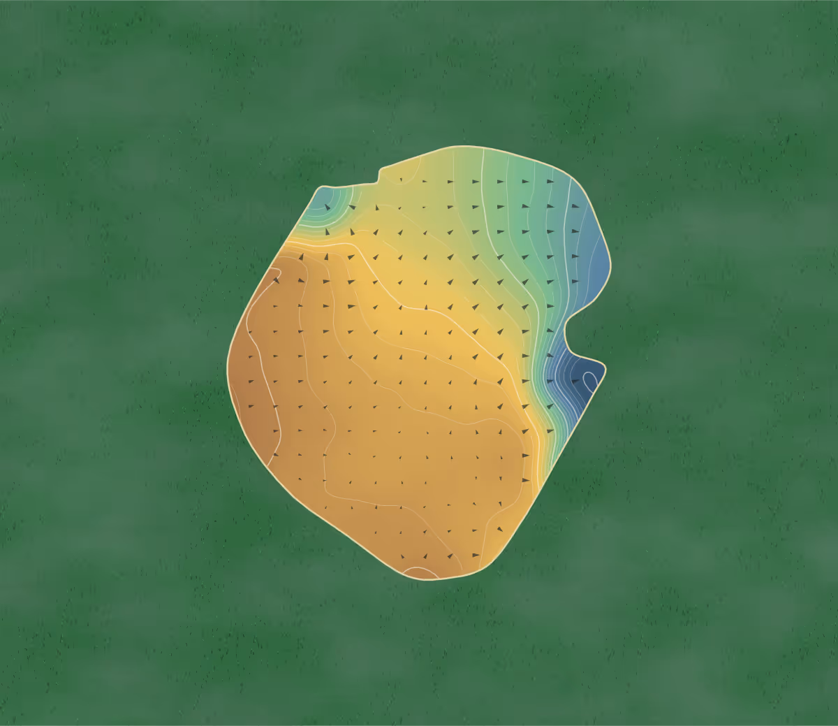 Green contour map of Rothley Park in Rothley, England — 22 elevation contours at a 8-centimeter interval with fall-line arrows, traced from 1-meter lidar
