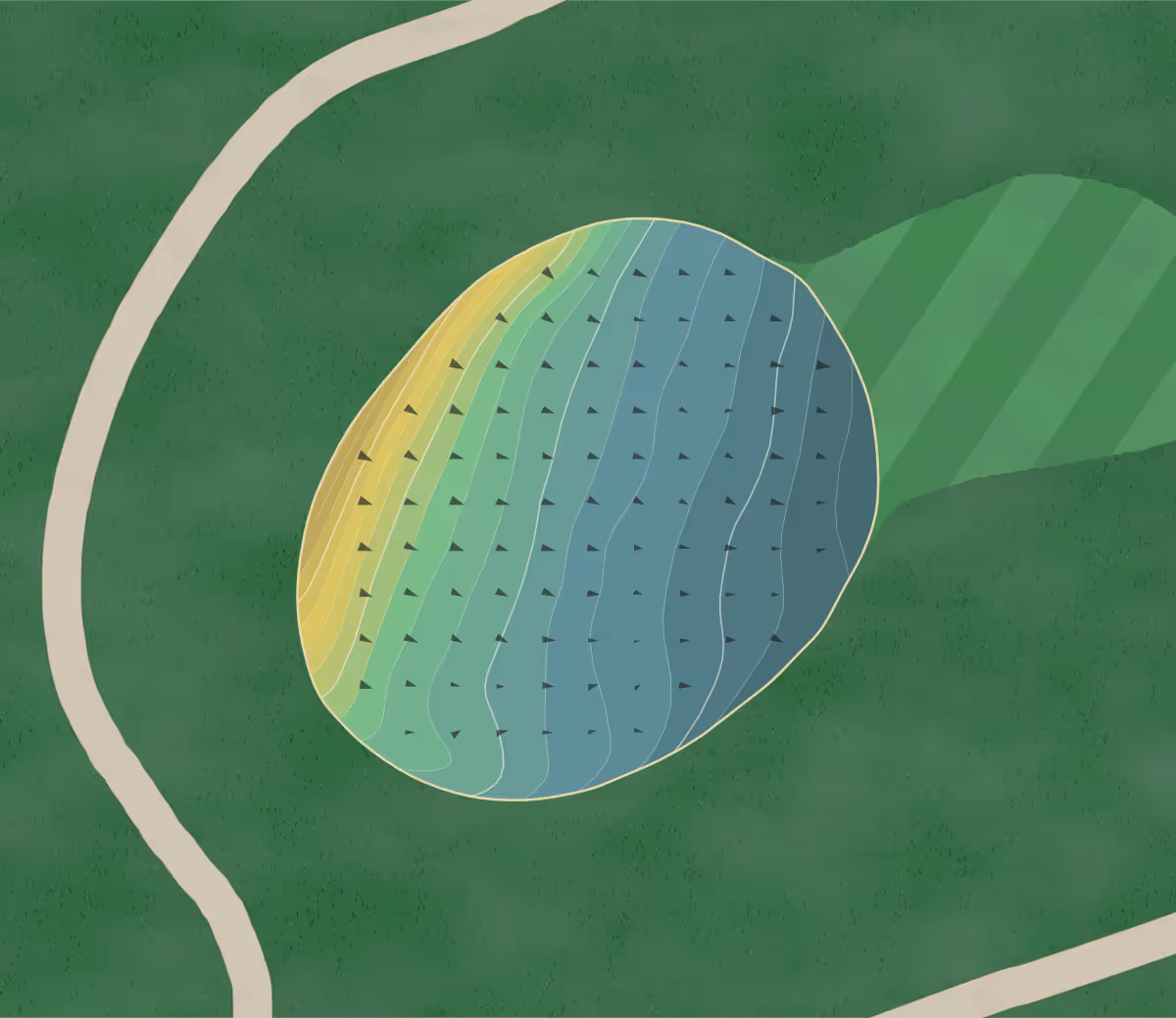 Green contour map of Rouge Park in Detroit, Michigan — 140 elevation contours at a 3-inch interval with fall-line arrows, traced from 1-meter lidar
