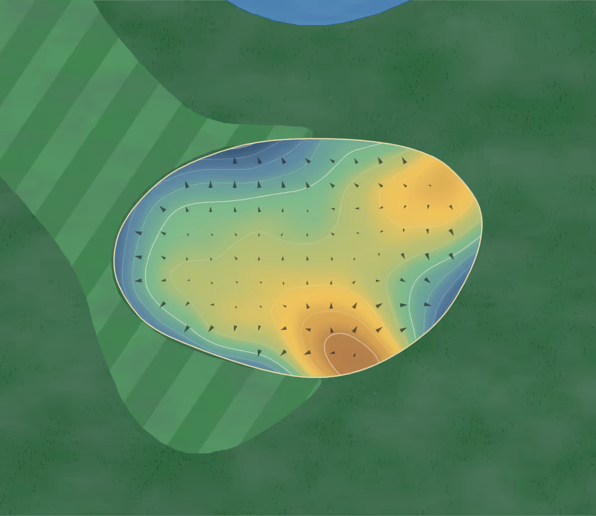 Green contour map of Round Barn in Rochester, Indiana: 145 elevation contours at a 3-inch interval with fall-line arrows, traced from 1-meter lidar