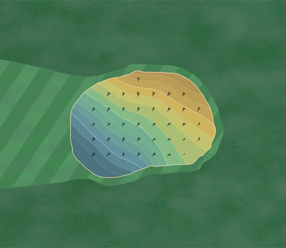 Green contour map of Round Grove in Greene, Iowa — 99 elevation contours at a 3-inch interval with fall-line arrows, traced from 1-meter lidar