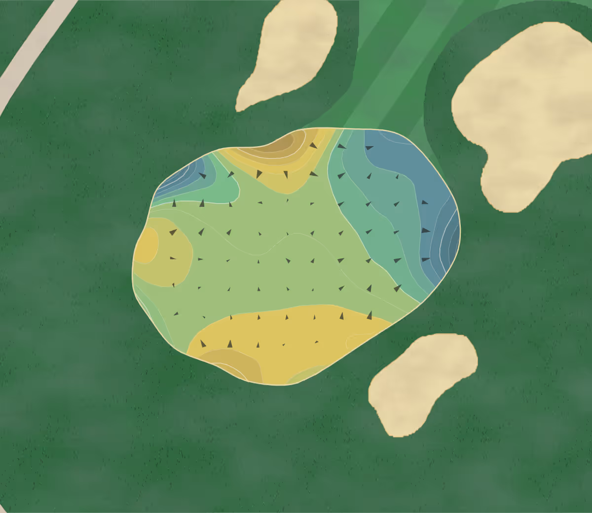 Green contour map of Round Hill in Greenwich, Connecticut — 256 elevation contours at a 3-inch interval with fall-line arrows, traced from 1-meter lidar