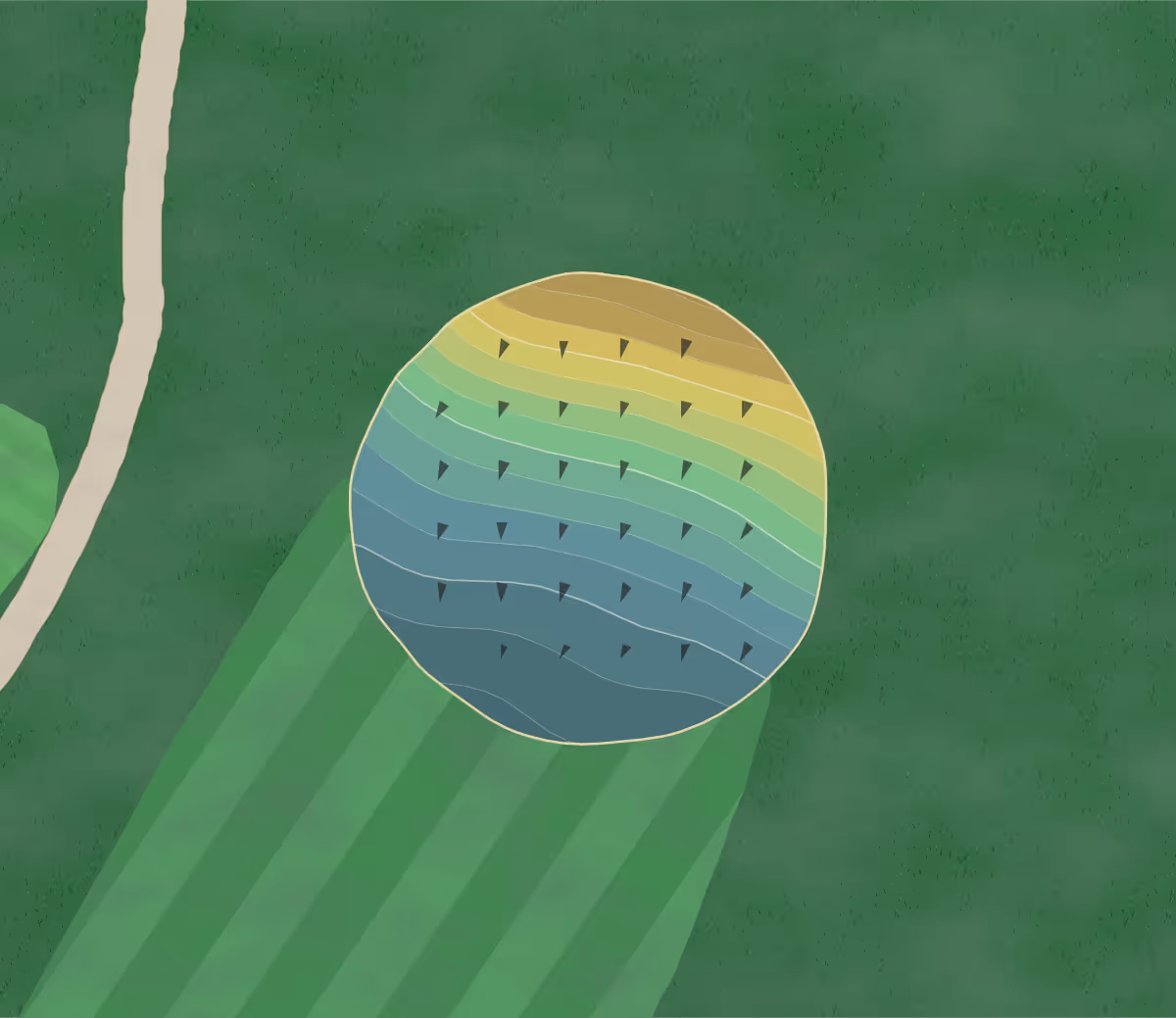 Green contour map of Round Lake Golf Course in Lakeville, Ohio — 86 elevation contours at a 3-inch interval with fall-line arrows, traced from 1-meter lidar