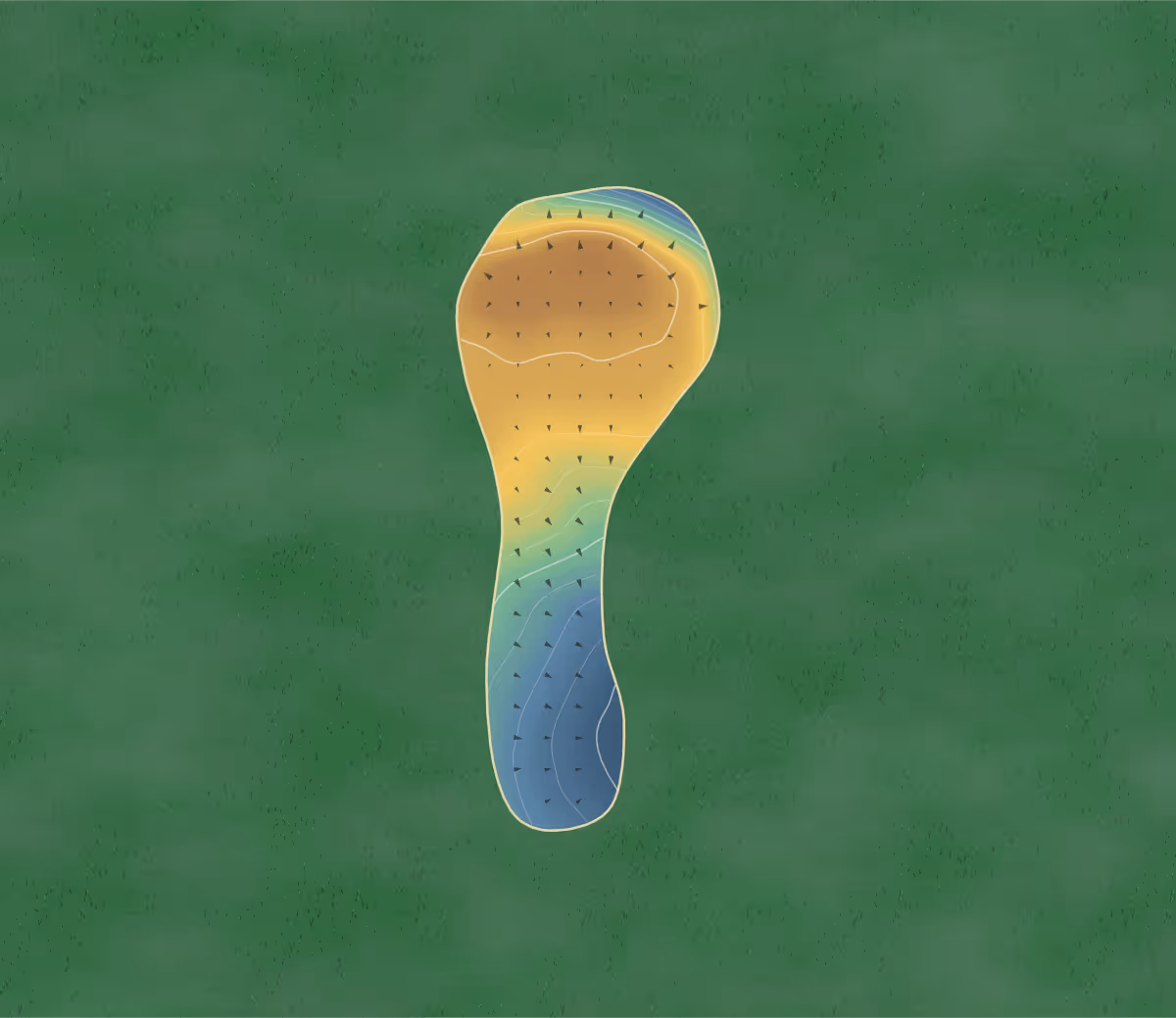 Green contour map of Roundwood Golf Sports and Social Club (1014058) in Rawmarsh, Rotherham, England — 152 elevation contours at a 8-centimeter interval with fall-line arrows, traced from 1-meter lidar