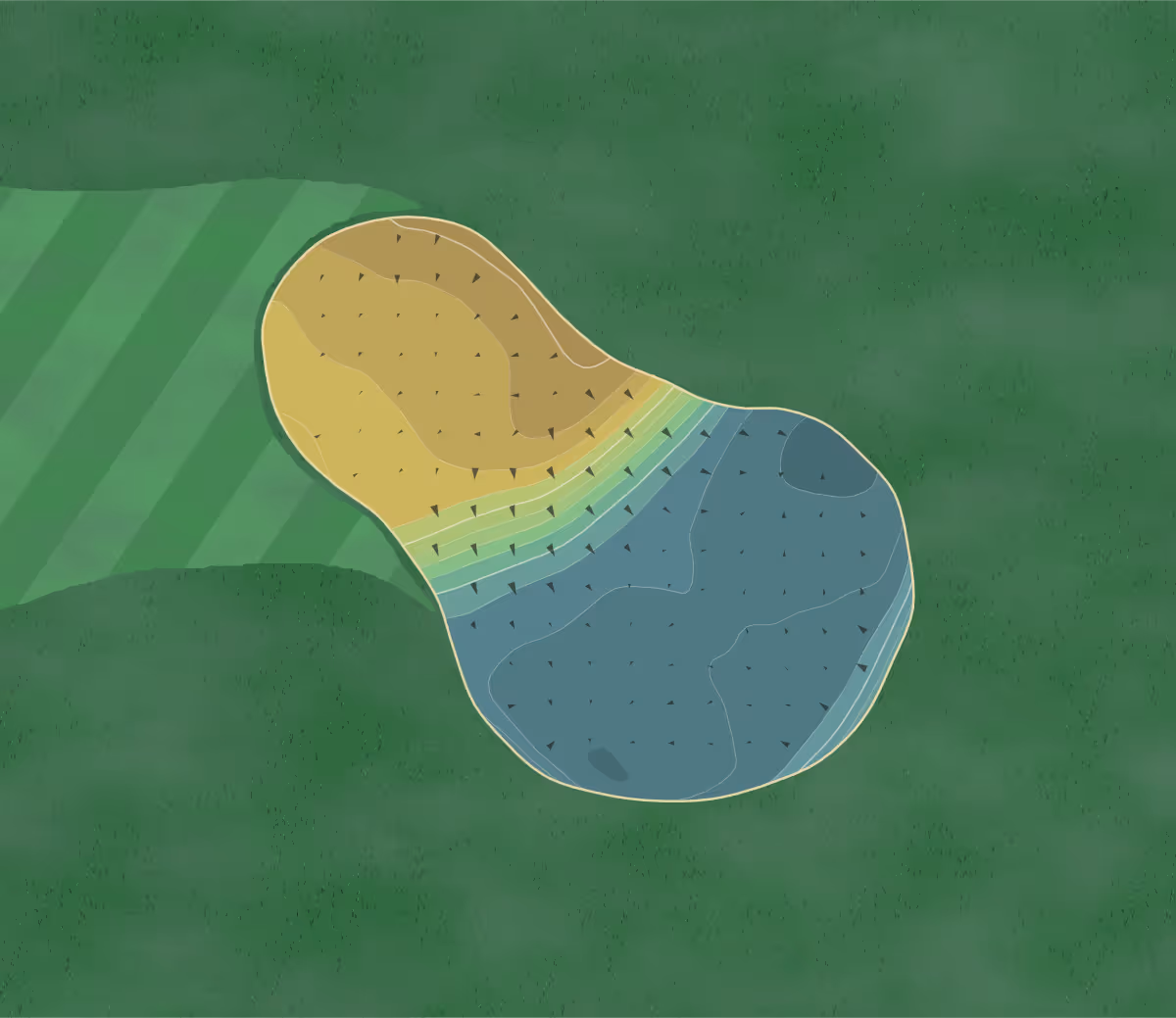 Green contour map of Rowlands Castle in Hampshire, England — 190 elevation contours at a 8-centimeter interval with fall-line arrows, traced from 1-meter lidar