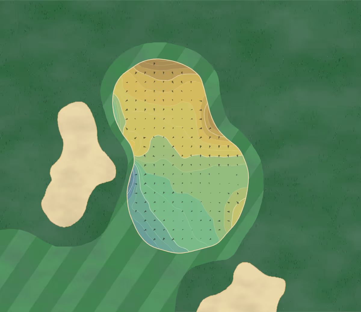 Green contour map of Roxburghe in Kelso, Scotland — 272 elevation contours at a 8-centimeter interval with fall-line arrows, traced from 1-meter lidar