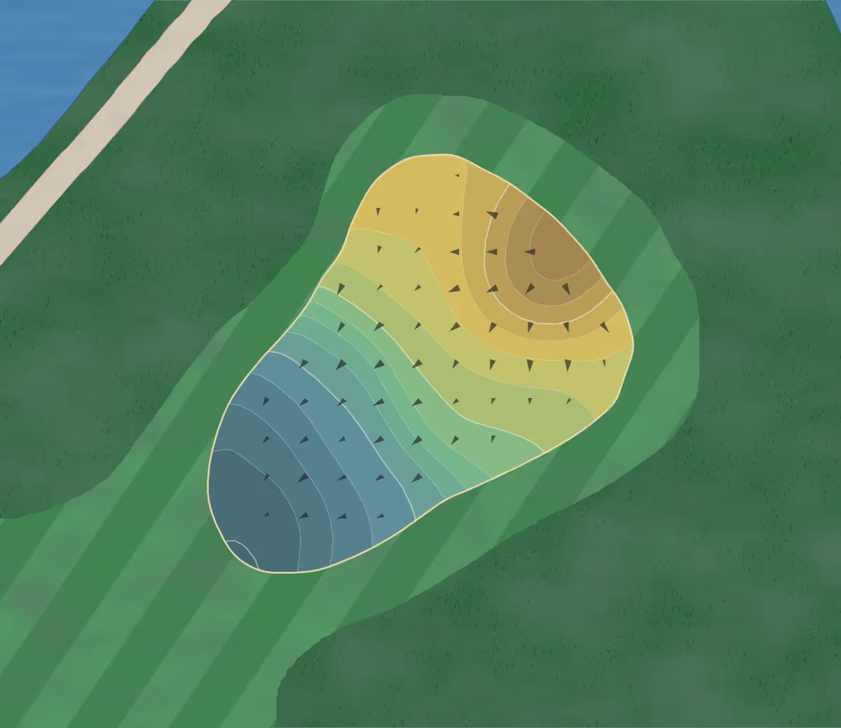 Green contour map of Roy Kizer in Austin, Texas — 142 elevation contours at a 3-inch interval with fall-line arrows, traced from 1-meter lidar