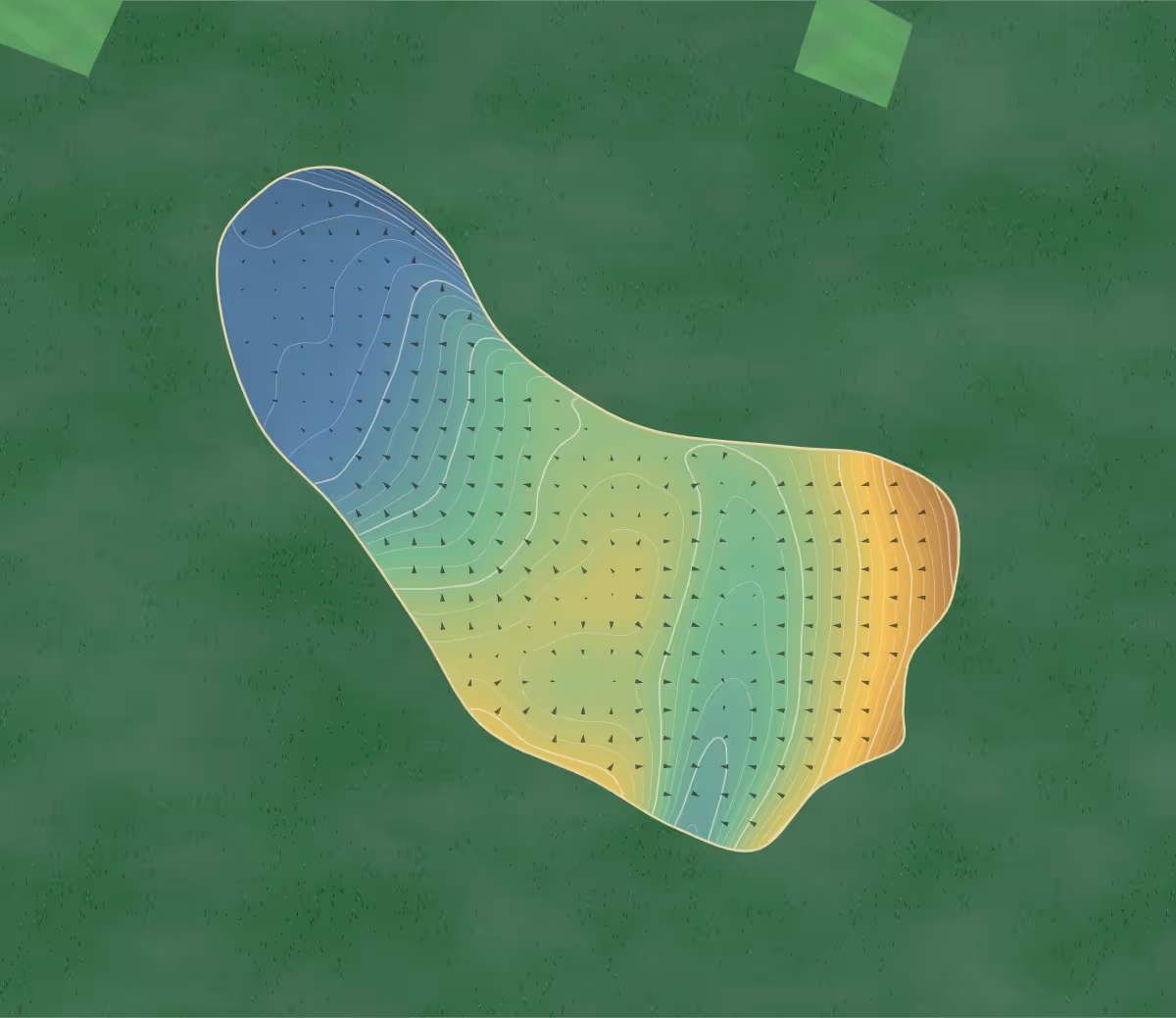 Green contour map of Royal Automobile Club (1014117) Old in Epsom, England — 276 elevation contours at a 8-centimeter interval with fall-line arrows, traced from 1-meter lidar