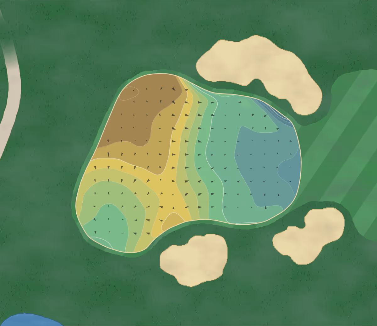 Green contour map of Royal Blackheath in London, England — 142 elevation contours at a 8-centimeter interval with fall-line arrows, traced from 1-meter lidar