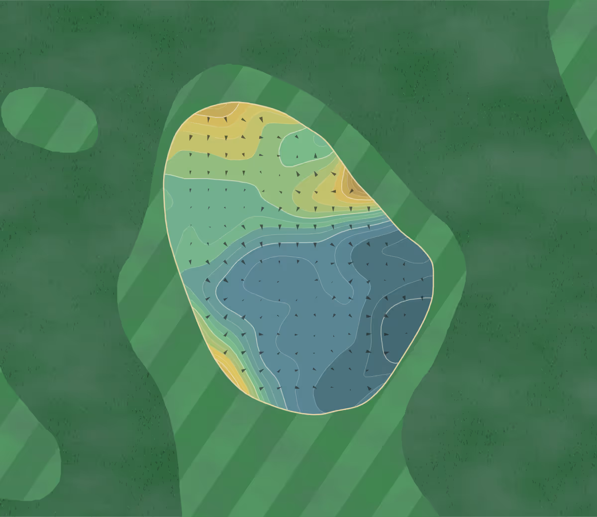 Green contour map of Royal Cinque in Deal, England — 209 elevation contours at a 8-centimeter interval with fall-line arrows, traced from 1-meter lidar