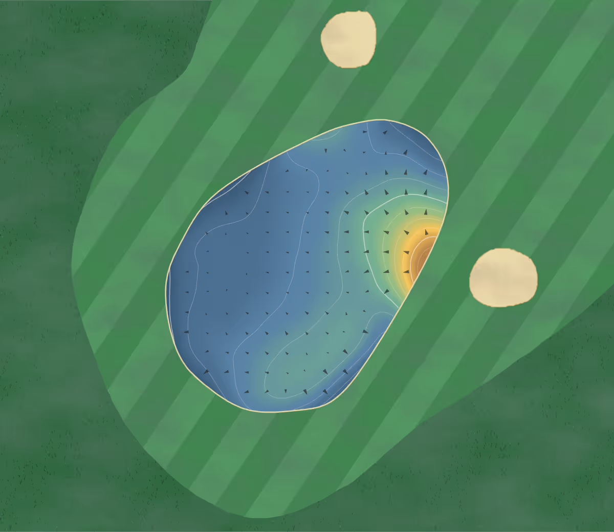 Green contour map of Royal County Down in Newcastle, Northern Ireland: 68 elevation contours at a 8-centimeter interval with fall-line arrows, traced from 1-meter lidar