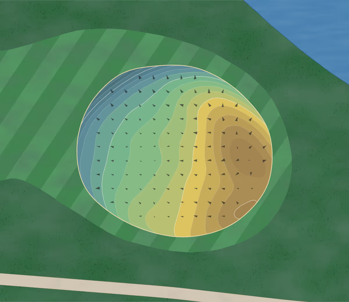 Green contour map of Royal Crest in Columbia Station, Ohio — 158 elevation contours at a 3-inch interval with fall-line arrows, traced from 1-meter lidar