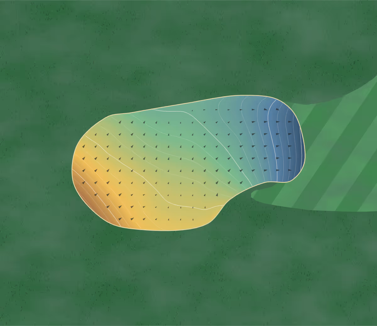 Green contour map of Royal Curragh in The Curragh, Ireland: 19 elevation contours at a 8-centimeter interval with fall-line arrows, traced from 1-meter lidar