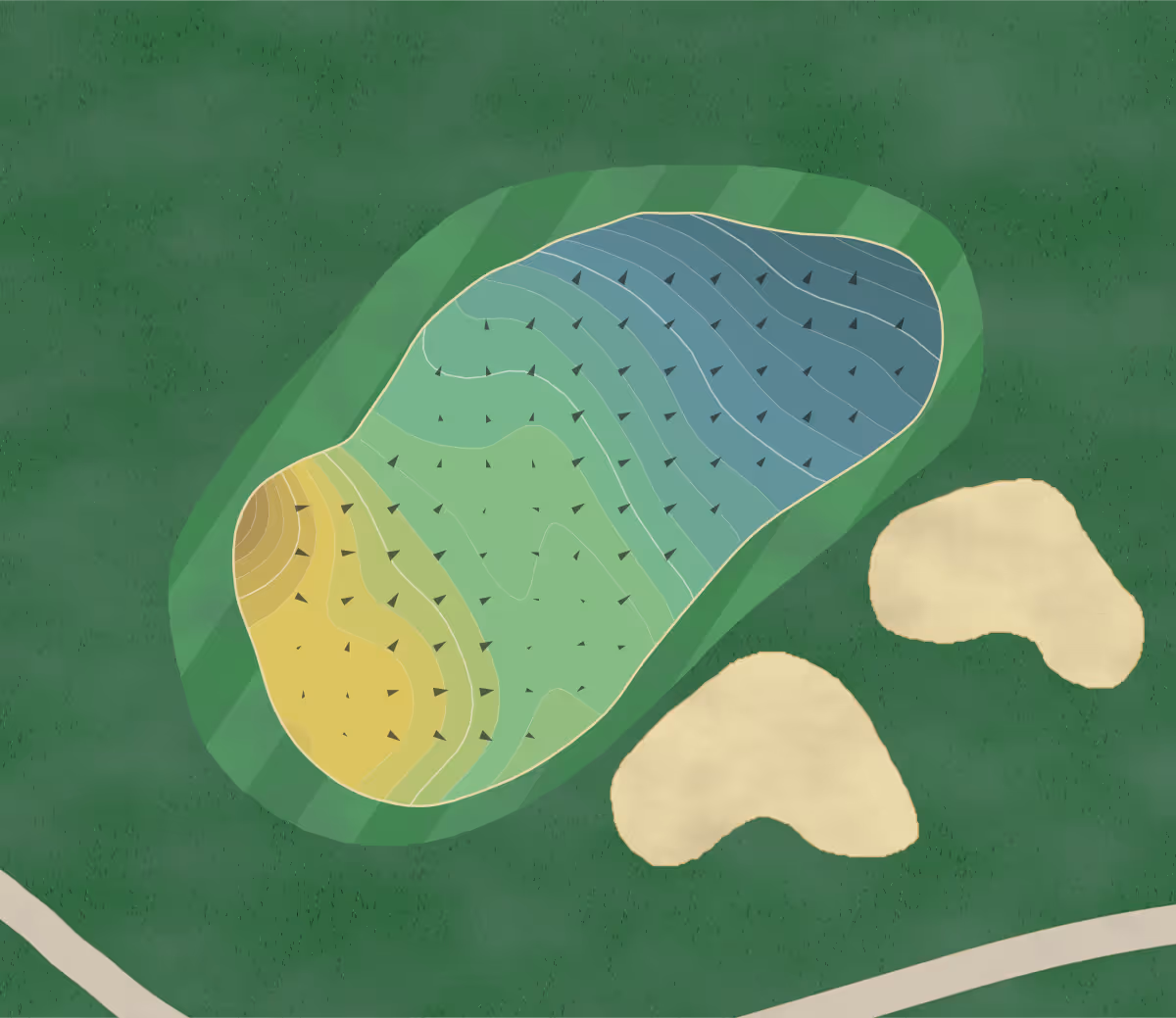 Green contour map of Royal Hylands in Knightstown, Indiana — 238 elevation contours at a 3-inch interval with fall-line arrows, traced from 1-meter lidar