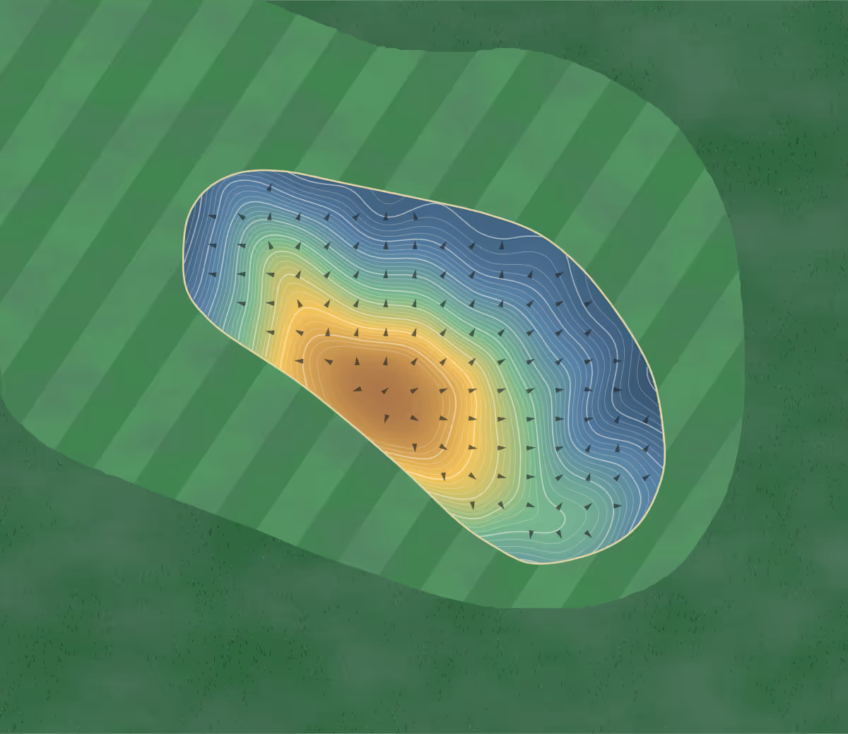 Green contour map of Royal Lytham in Lytham St Annes, England — 215 elevation contours at a 8-centimeter interval with fall-line arrows, traced from 1-meter lidar