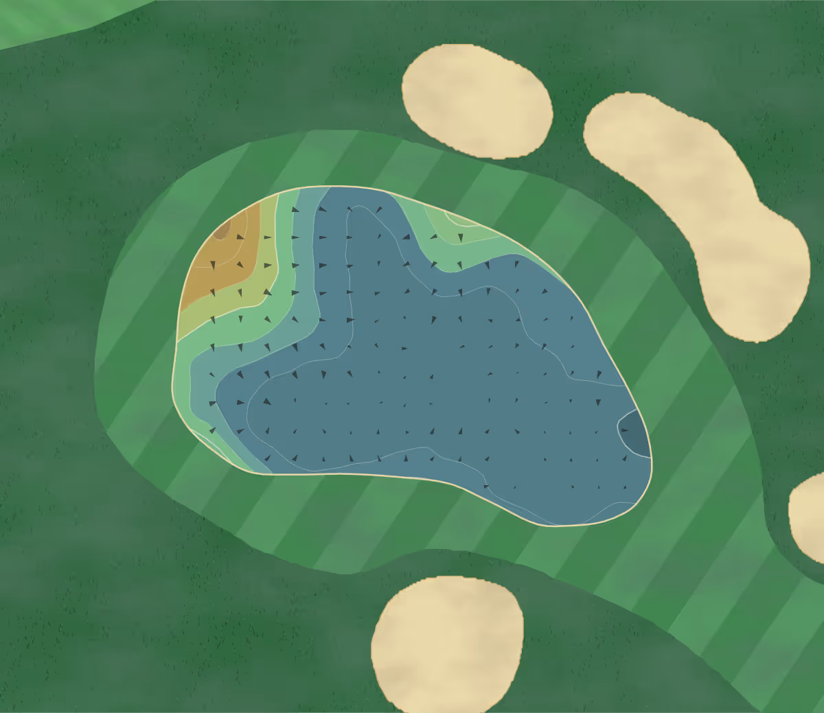 Green contour map of Royal Musselburgh in Prestonpans, Scotland — 134 elevation contours at a 8-centimeter interval with fall-line arrows, traced from 1-meter lidar