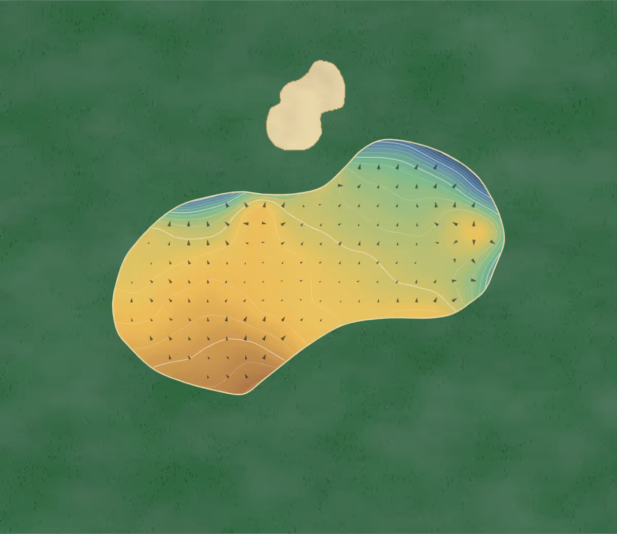 Green contour map of Royal Norwich in Norwich, England: 137 elevation contours at a 8-centimeter interval with fall-line arrows, traced from 1-meter lidar