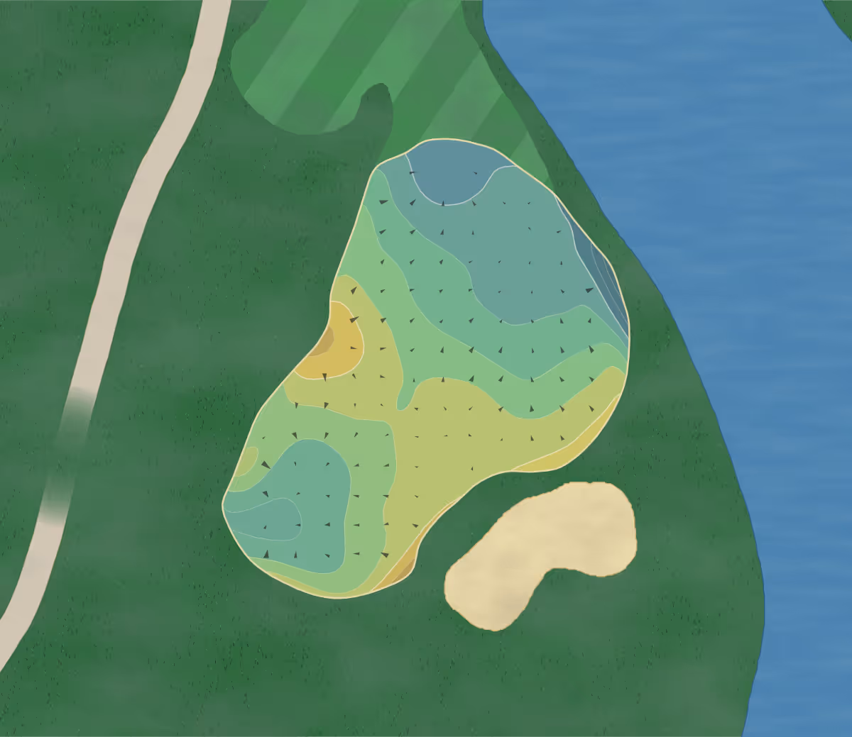 Green contour map of Royal Oaks in Lebanon, Pennsylvania — 153 elevation contours at a 3-inch interval with fall-line arrows, traced from 1-meter lidar