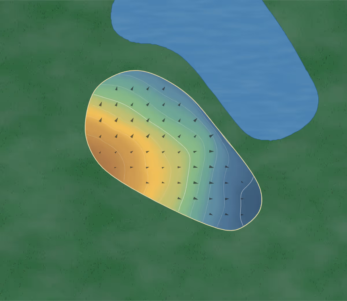 Green contour map of Royal Oaks in Windsor, Missouri: 142 elevation contours at a 3-inch interval with fall-line arrows, traced from 1-meter lidar