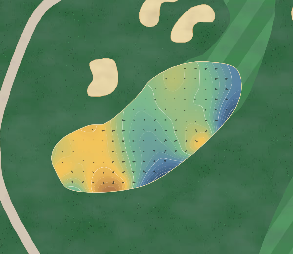Green contour map of Royal Ontario in Milton, Canada: 183 elevation contours at a 8-centimeter interval with fall-line arrows, traced from 1-meter lidar