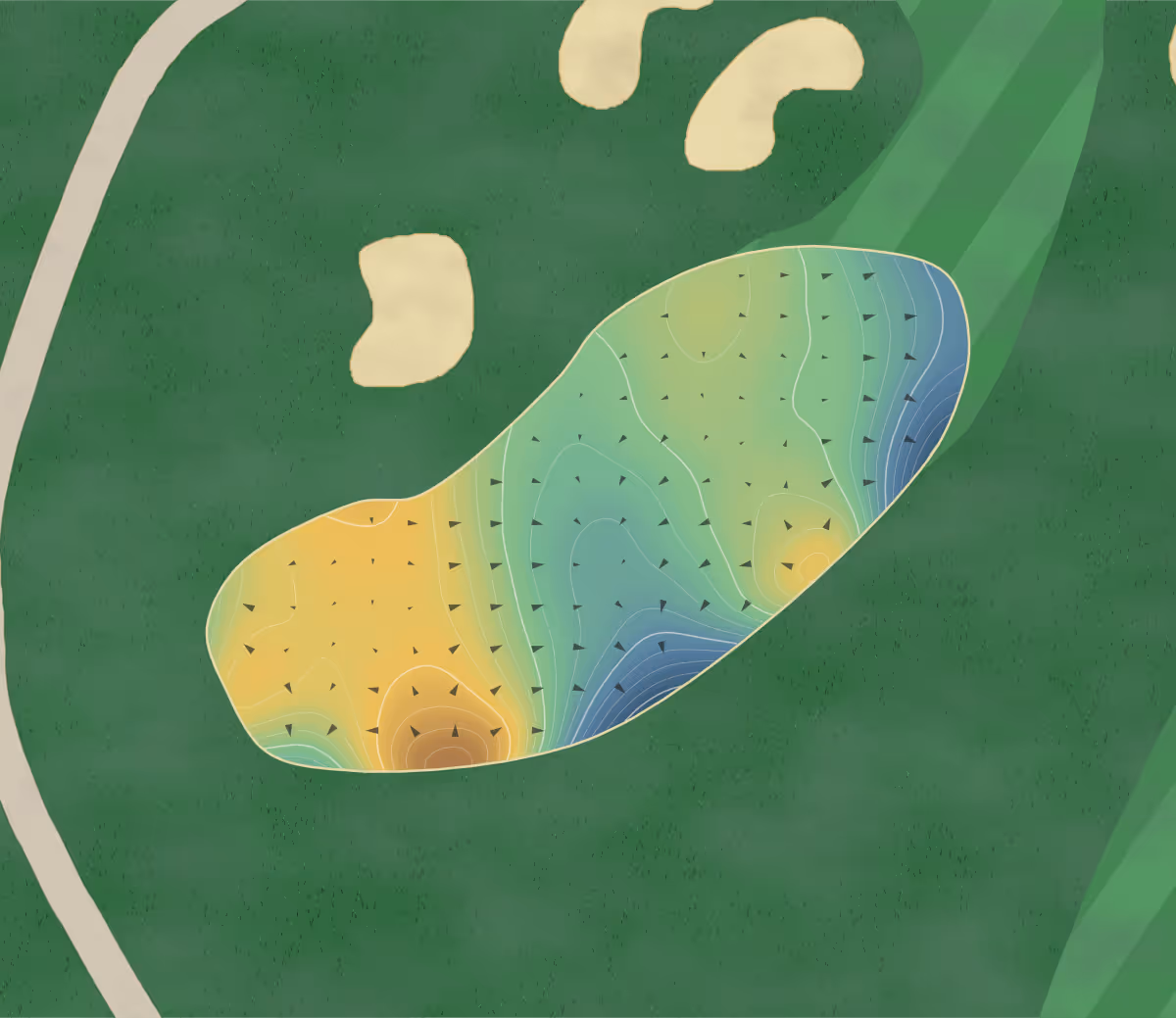Green contour map of Royal Ontario in Milton, Canada — 181 elevation contours at a 8-centimeter interval with fall-line arrows, traced from 1-meter lidar