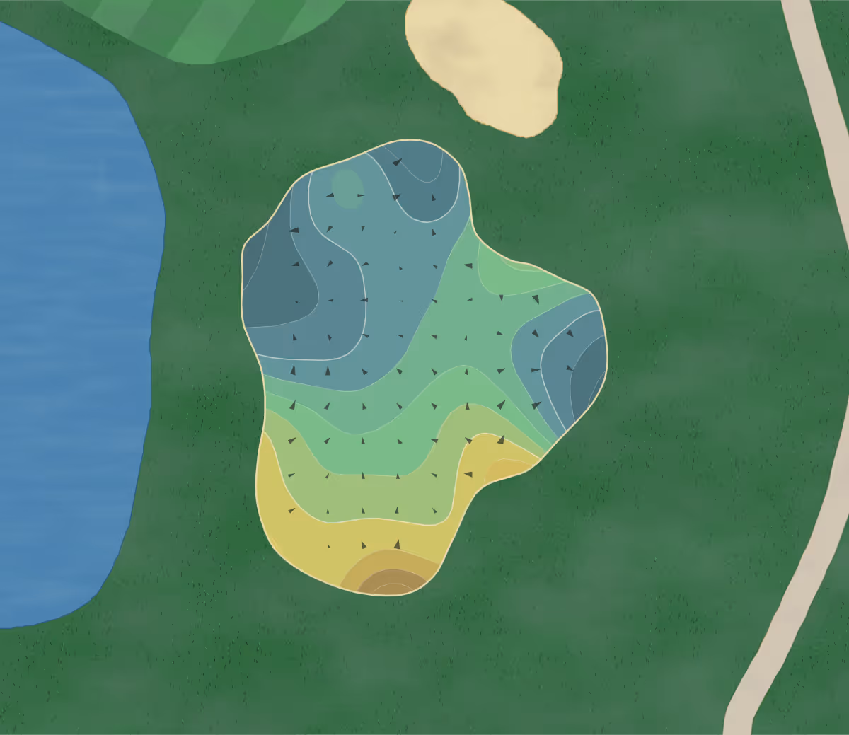 Green contour map of Royal Palm Yacht in Boca Raton, Florida — 87 elevation contours at a 3-inch interval with fall-line arrows, traced from 1-meter lidar