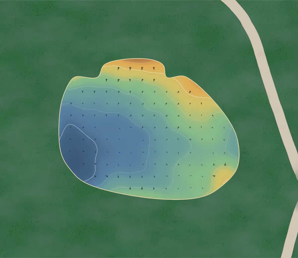 Green contour map of Royal St. Patrick's in Wrightstown, Wisconsin — 86 elevation contours at a 3-inch interval with fall-line arrows, traced from 1-meter lidar