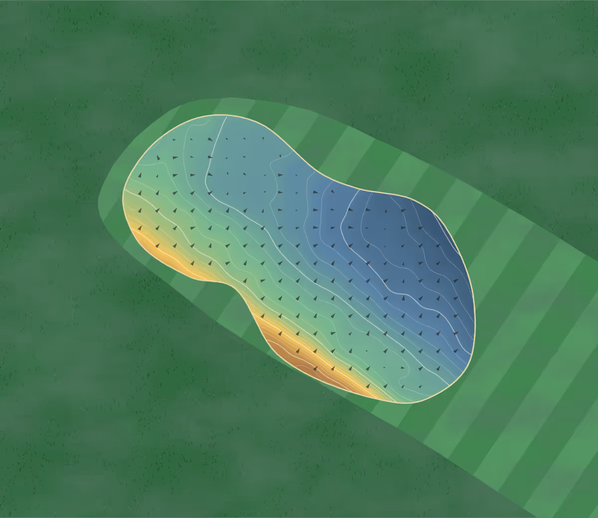 Green contour map of Royal Tarlair in Macduff, Scotland: 305 elevation contours at a 8-centimeter interval with fall-line arrows, traced from 1-meter lidar