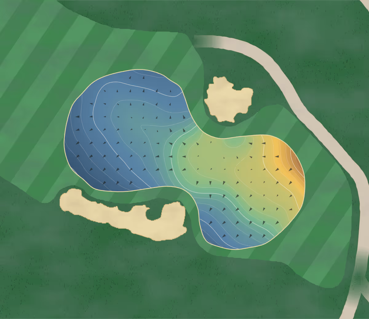 Green contour map of Royal Wellington in Upper Hutt, New Zealand — 240 elevation contours at a 8-centimeter interval with fall-line arrows, traced from 1-meter lidar