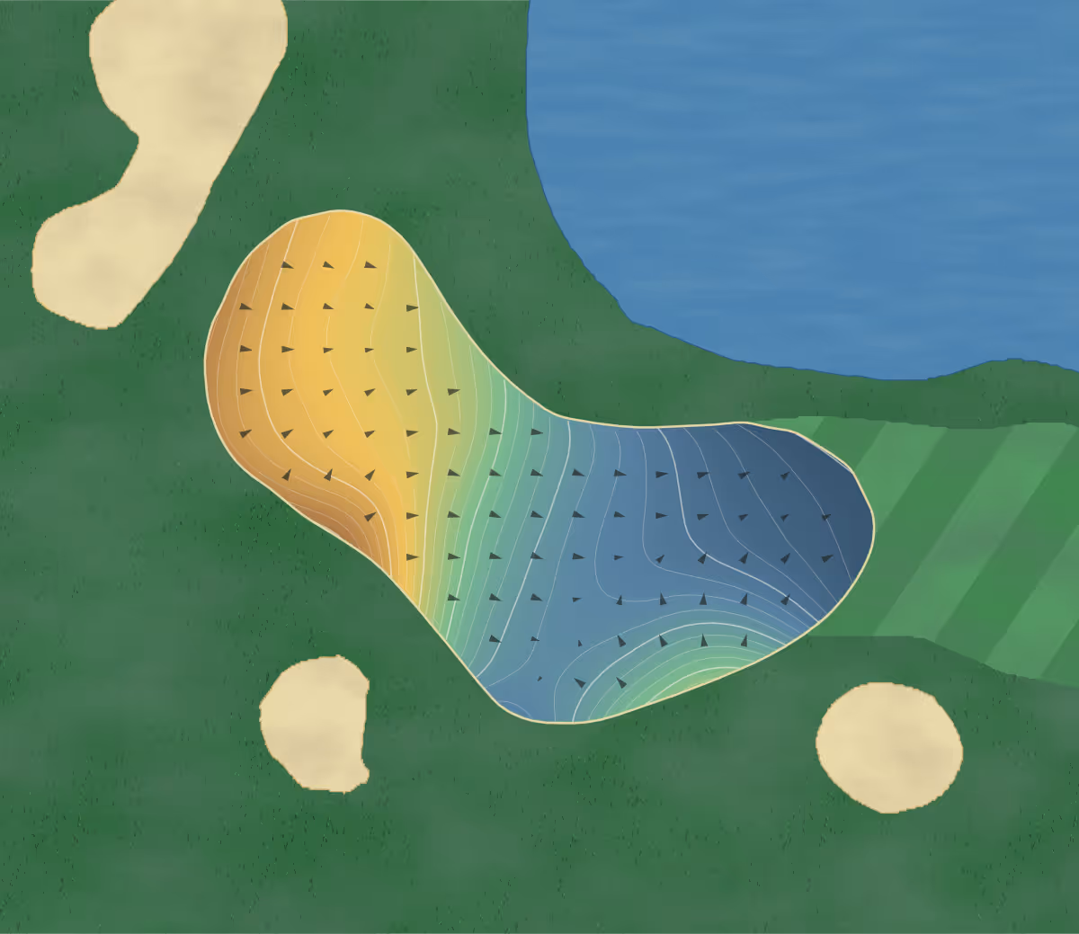 Green contour map of Royal Woodbine in Toronto, Canada — 250 elevation contours at a 8-centimeter interval with fall-line arrows, traced from 1-meter lidar