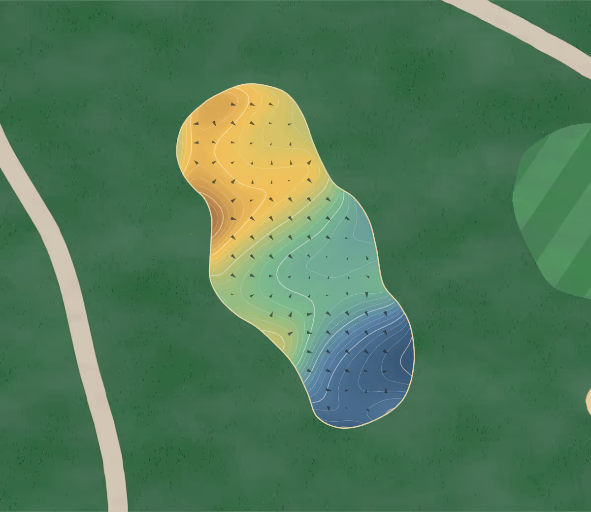 Green contour map of RTJ Grand National in Opelika, Alabama — 305 elevation contours at a 3-inch interval with fall-line arrows, traced from 1-meter lidar