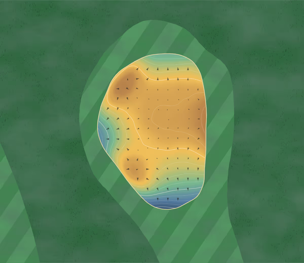 Green contour map of Rugby Gc in Rugby, North Dakota — 114 elevation contours at a 3-inch interval with fall-line arrows, traced from 1-meter lidar