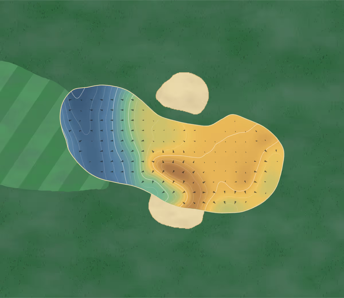 Green contour map of Ruislip in Ruislip, England: 36 elevation contours at a 8-centimeter interval with fall-line arrows, traced from 1-meter lidar