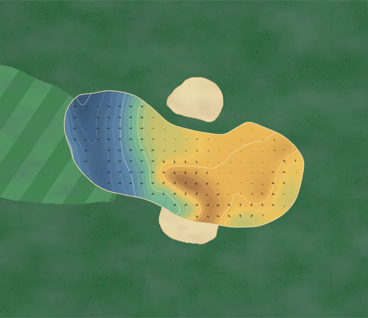 Green contour map of Ruislip in Ruislip, United Kingdom — 36 elevation contours at a 8-centimeter interval with fall-line arrows, traced from 1-meter lidar