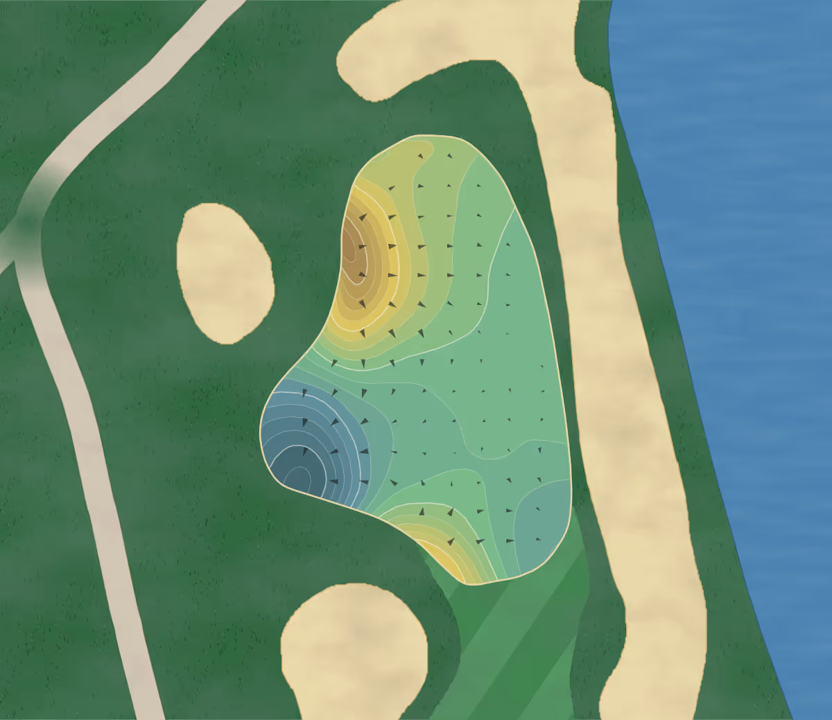 Green contour map of Rum Pointe in Berlin, Maryland — 222 elevation contours at a 3-inch interval with fall-line arrows, traced from 1-meter lidar