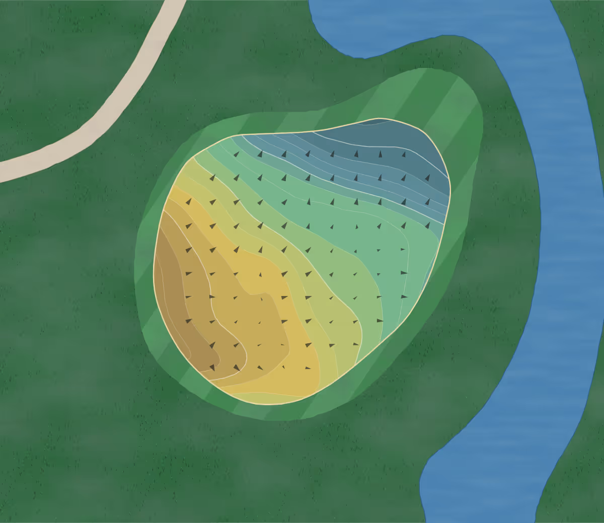 Green contour map of Rum River Hills in Ramsey, Minnesota — 162 elevation contours at a 3-inch interval with fall-line arrows, traced from 1-meter lidar