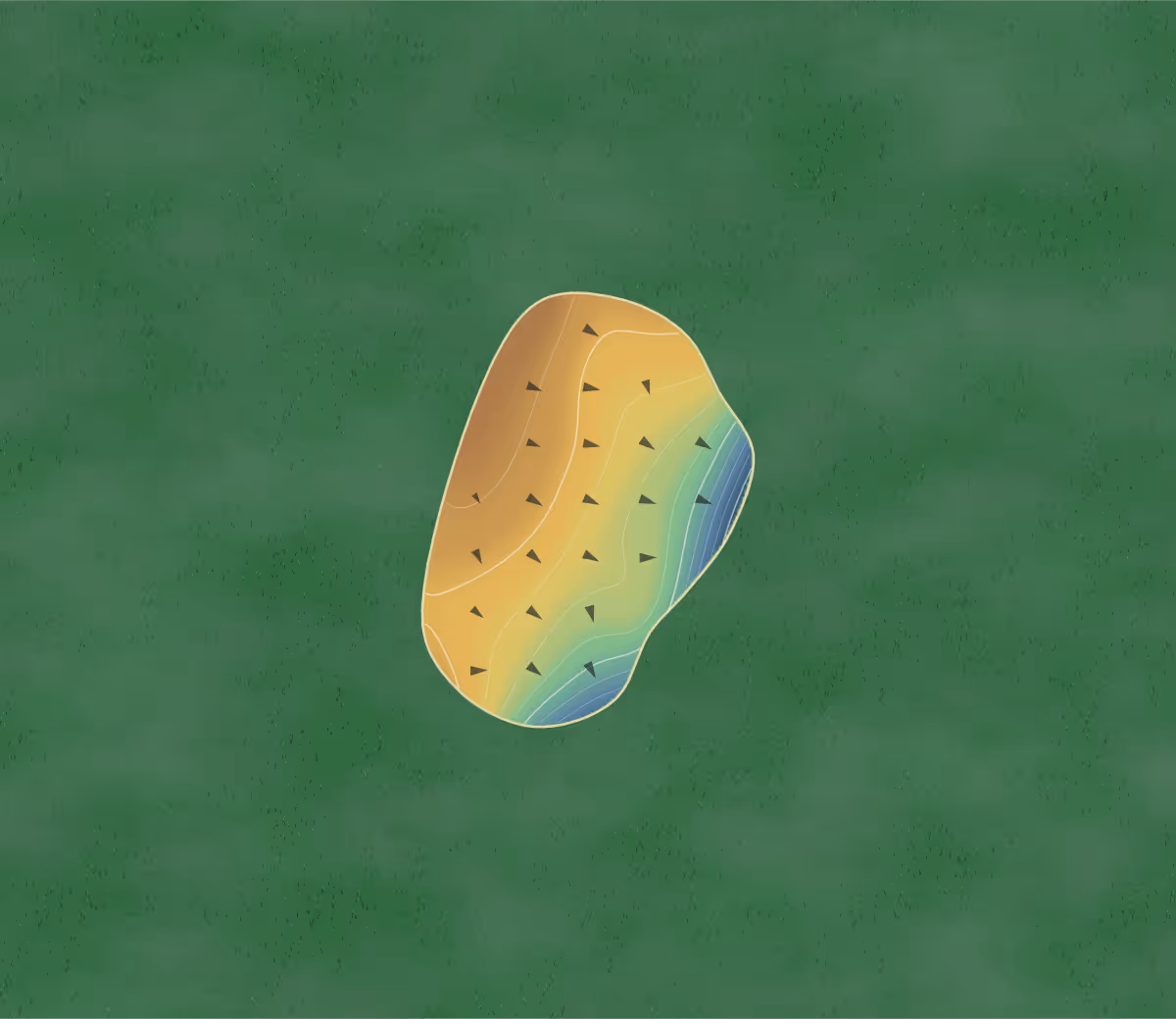 Green contour map of Rupert Park Pitch in Burnaby, Canada — 127 elevation contours at a 8-centimeter interval with fall-line arrows, traced from 1-meter lidar