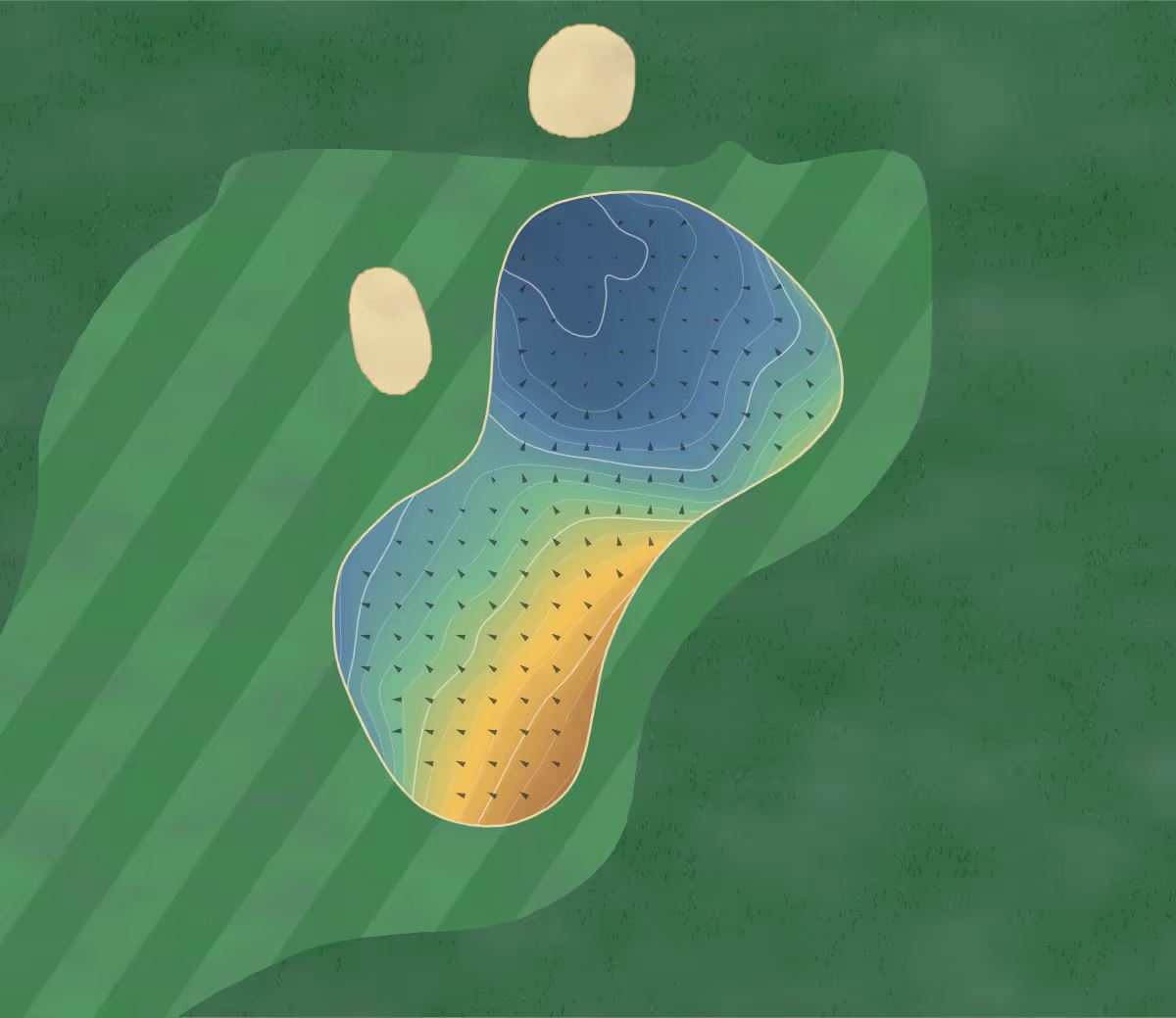 Green contour map of Rush Golf Club in Rush, Ireland: 108 elevation contours at a 8-centimeter interval with fall-line arrows, traced from 1-meter lidar