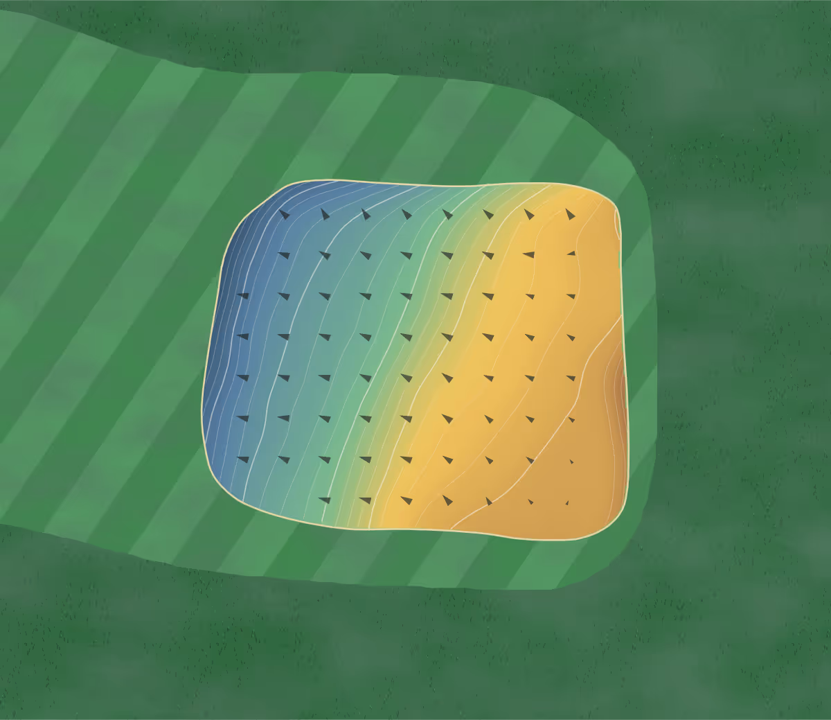 Green contour map of Ruth Park in University City, Missouri — 92 elevation contours at a 3-inch interval with fall-line arrows, traced from 1-meter lidar